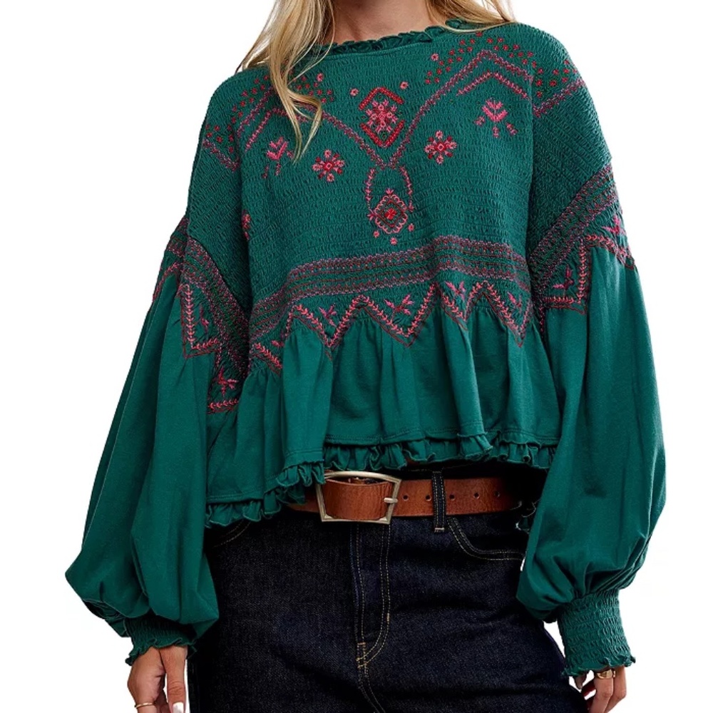 Free People Holly Long Sleeve Knit Top in Green Combo XS NWT